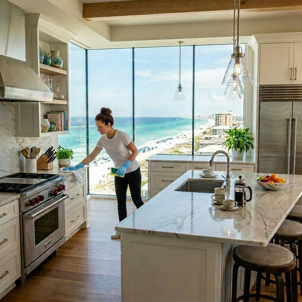 Woman cleaning marble kitchen island with ocean view through large windows