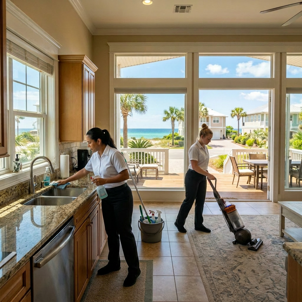 Two cleaners cleaning a kitchen and living room in a beach house with ocean view