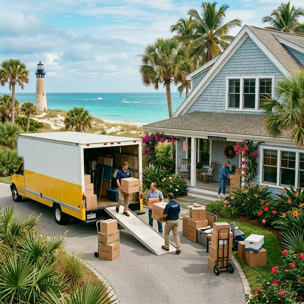 Movers carrying labeled boxes from a North American moving truck to a house near the coast