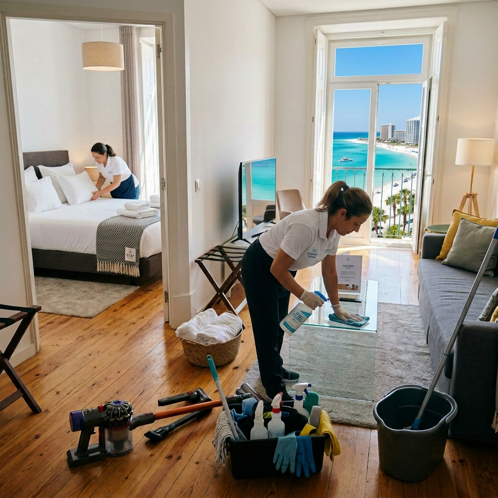 Two housekeepers cleaning a hotel room and bedroom with cleaning supplies