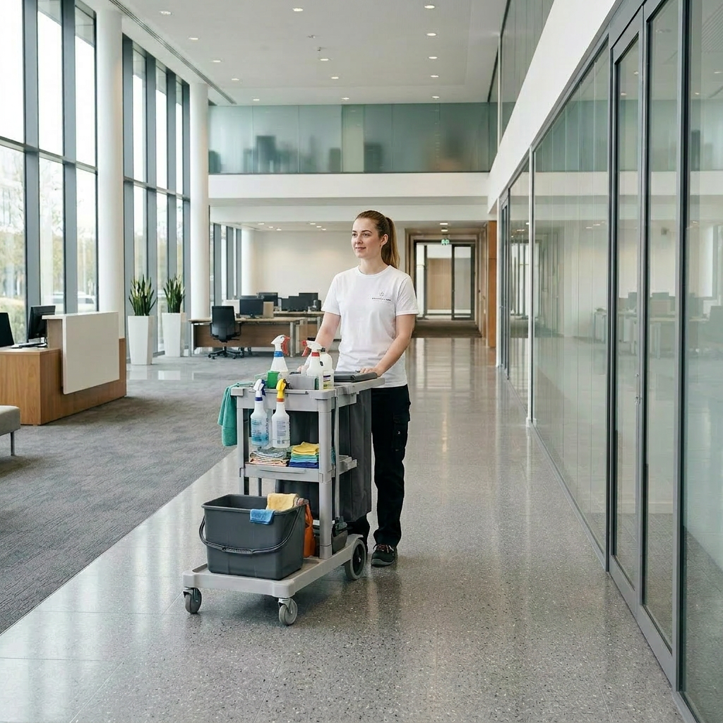 Cleaning staff vacuuming carpet and wiping glass walls in office