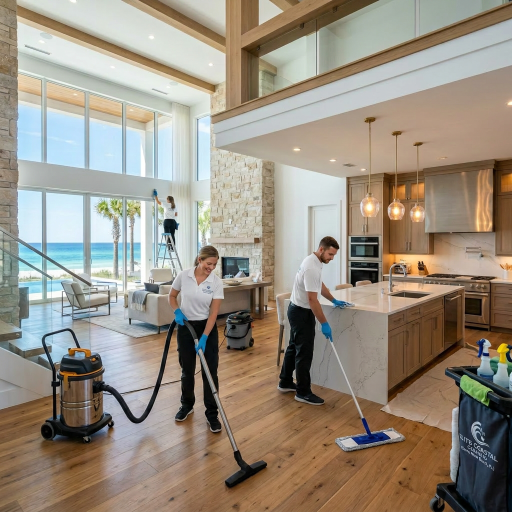 Three professional cleaners vacuuming, mopping, and dusting in a modern coastal living room and kitchen