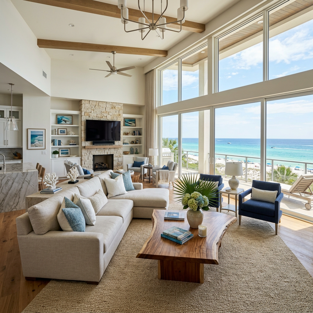 Modern living room with beige sectional sofa, wooden coffee table, and large windows overlooking a sandy beach and turquoise ocean.