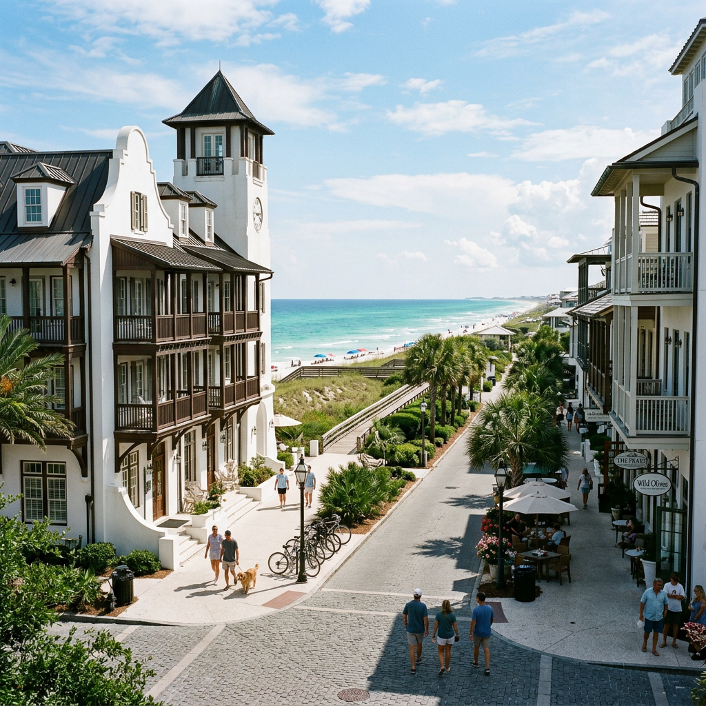 Street with shops, pedestrians, palm trees, and ocean in the background
